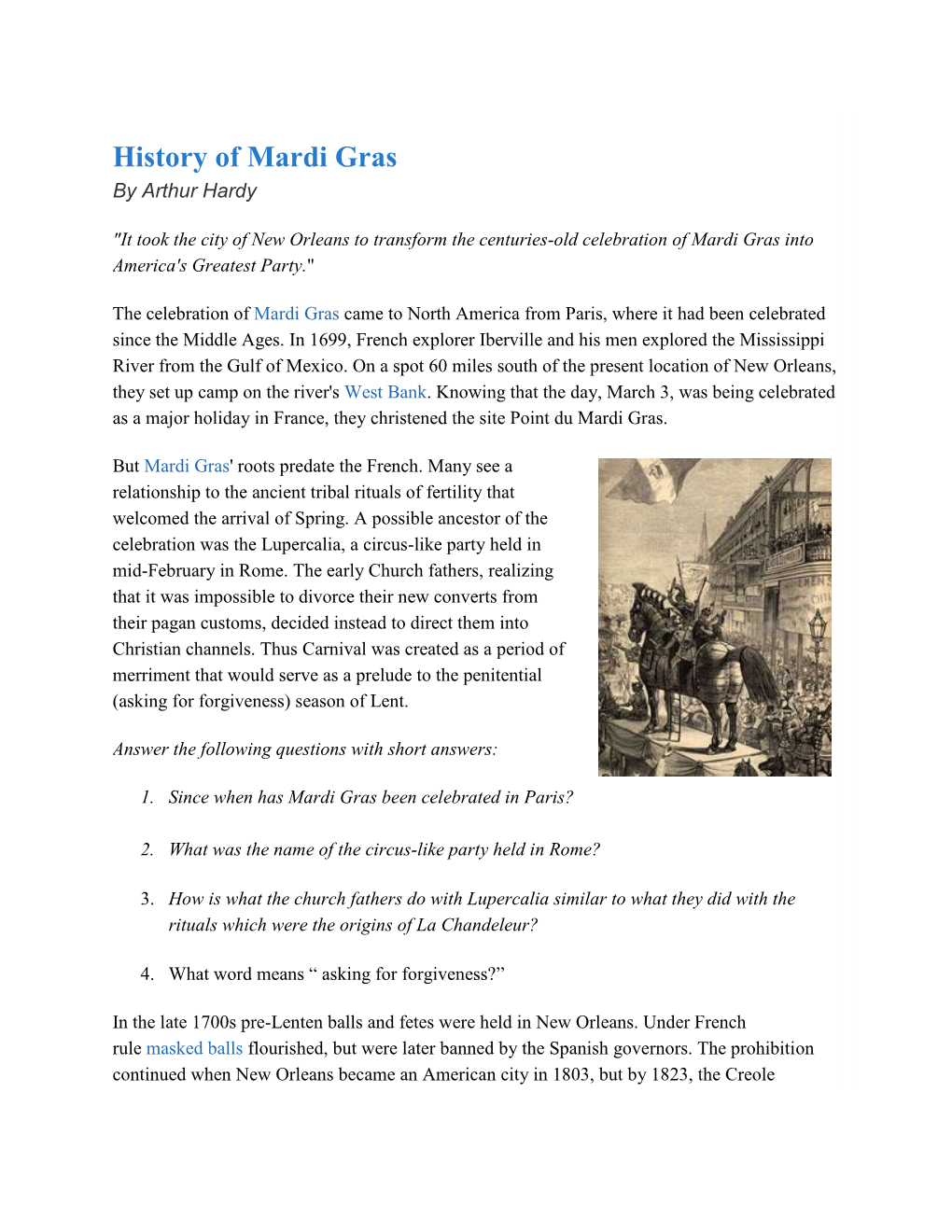 History of Mardi Gras by Arthur Hardy