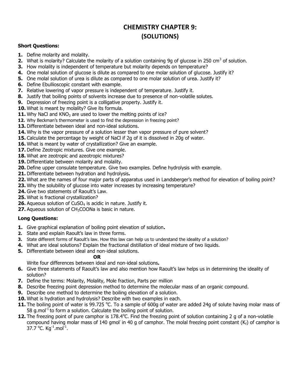 CHEMISTRY CHAPTER 9: (SOLUTIONS) Short Questions: 1