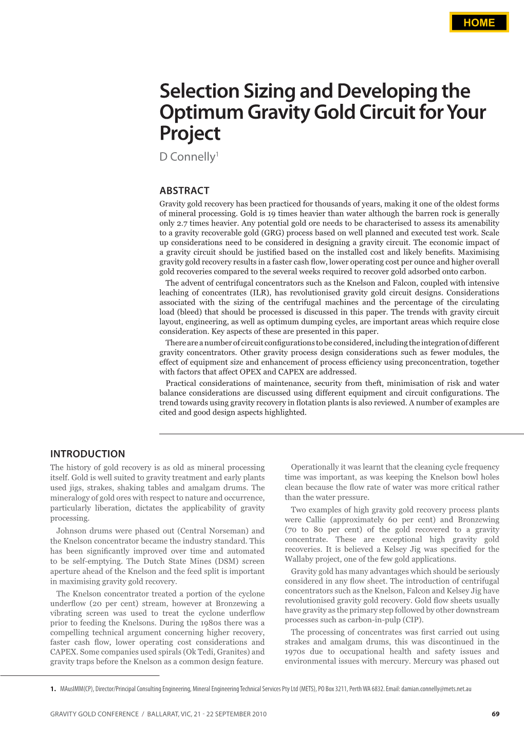 Selection Sizing and Developing the Optimum Gravity Gold Circuit for Your Project D Connelly1