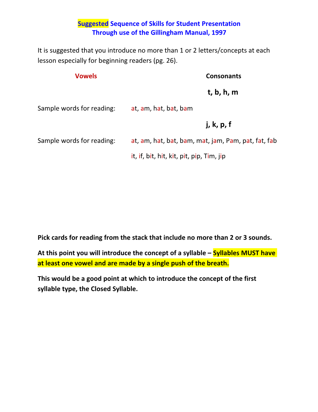 Suggested Sequence of Skills for Student Presentation