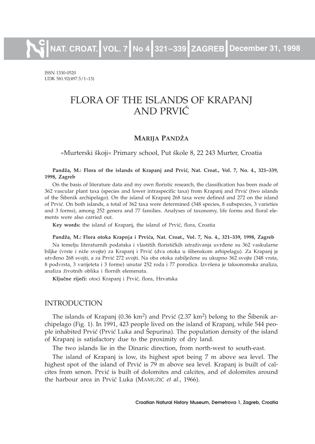 Flora of the Islands of Krapanj and Prvi]