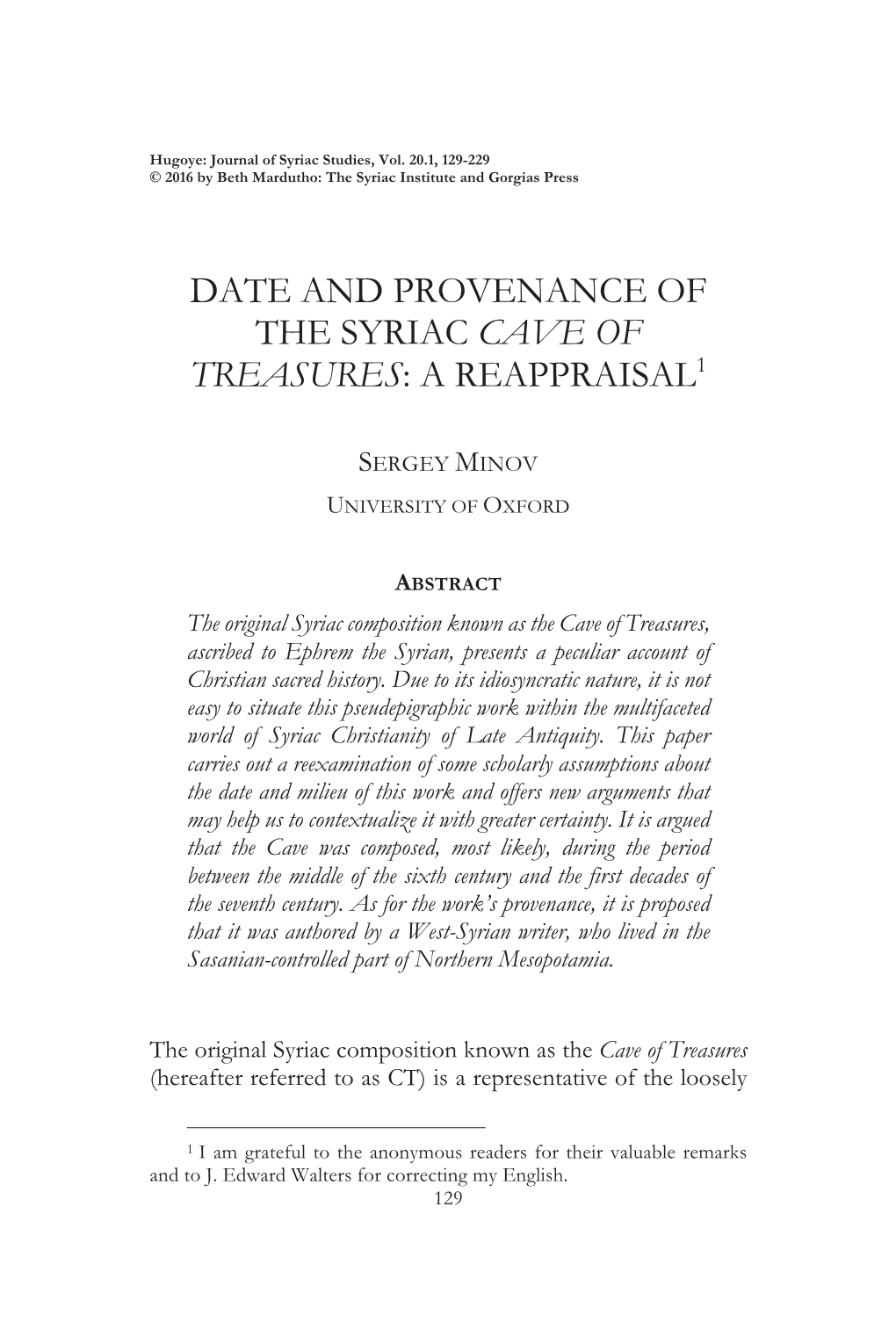 Date and Provenance of the Syriac Cave of Treasures: a Reappraisal1