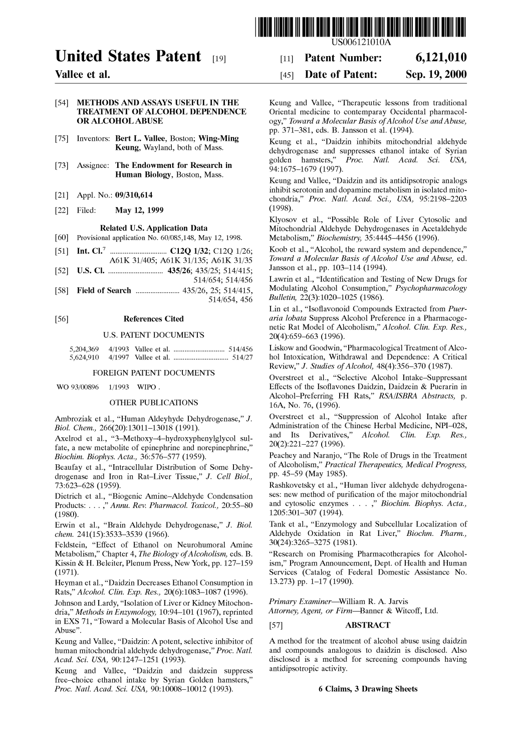 United States Patent (19) 11 Patent Number: 6,121,010 Vallee Et Al