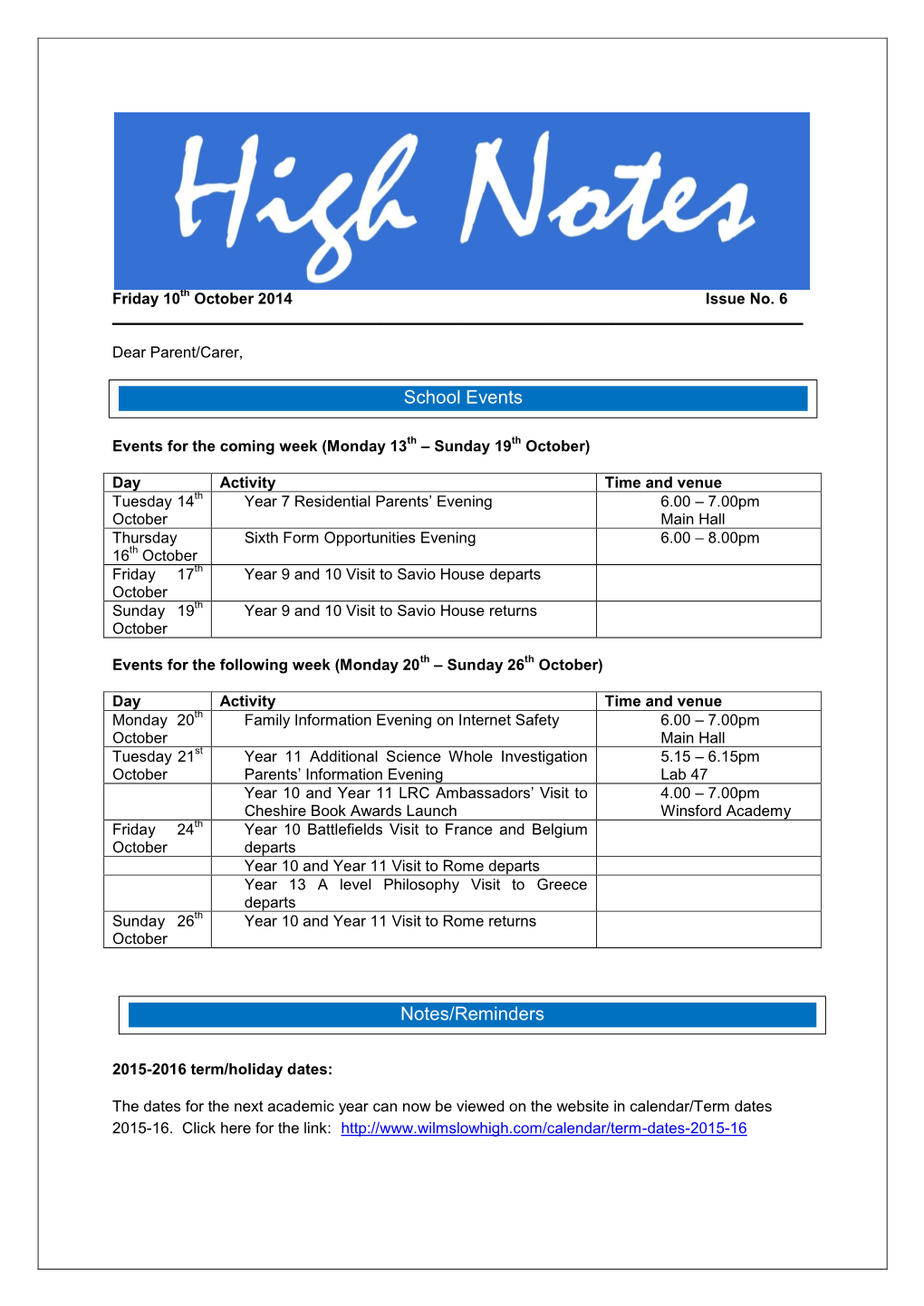 School Events Notes/Reminders