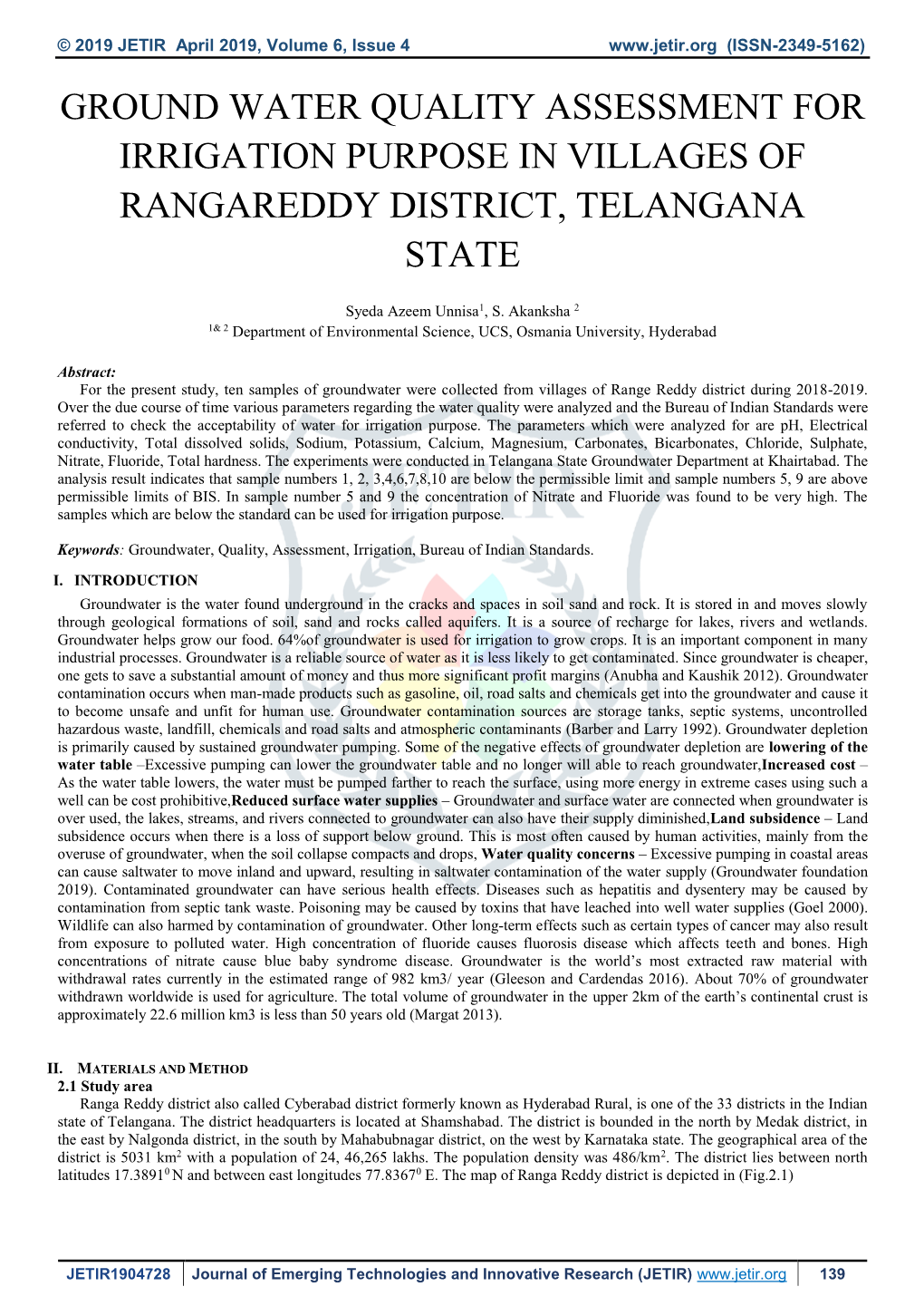 Ground Water Quality Assessment for Irrigation Purpose in Villages of Rangareddy District, Telangana State