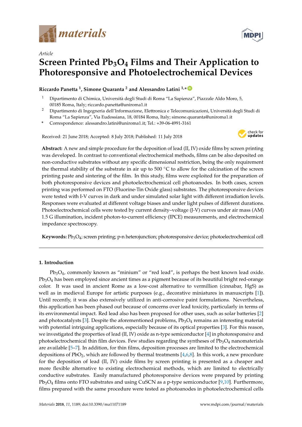 Screen Printed Pb3o4 Films and Their Application to Photoresponsive and Photoelectrochemical Devices