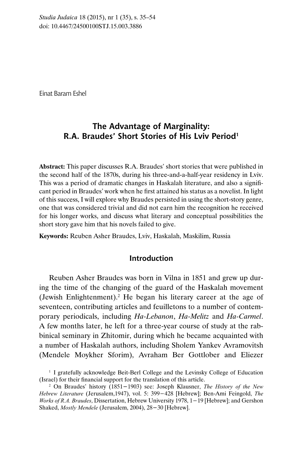 RA Braudes' Short Stories of His Lviv Period1