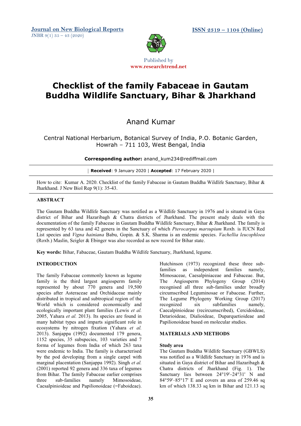 Checklist of the Family Fabaceae in Gautam Buddha Wildlife Sanctuary, Bihar & Jharkhand