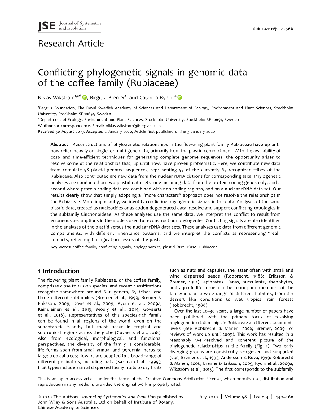 Conflicting Phylogenetic Signals in Genomic Data of the Coffee Family