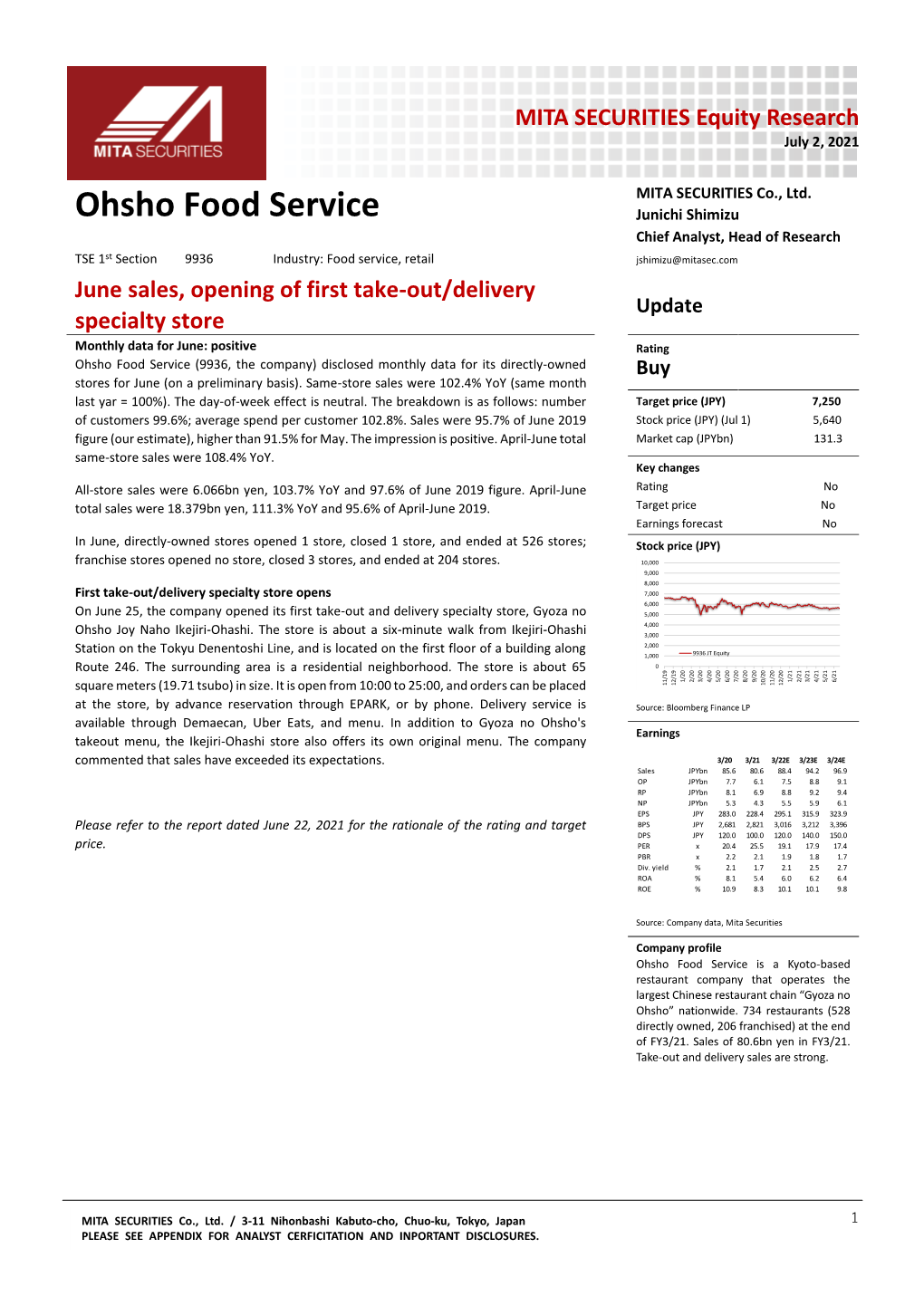 July 2, 2021 Update “Ohsho Food Service (9936): June Sales