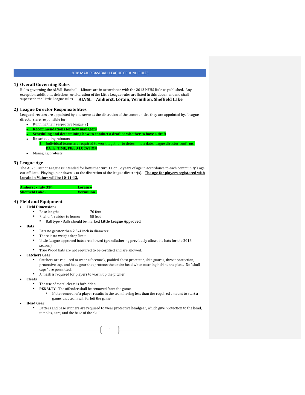 2018 Major Baseball League Ground Rules