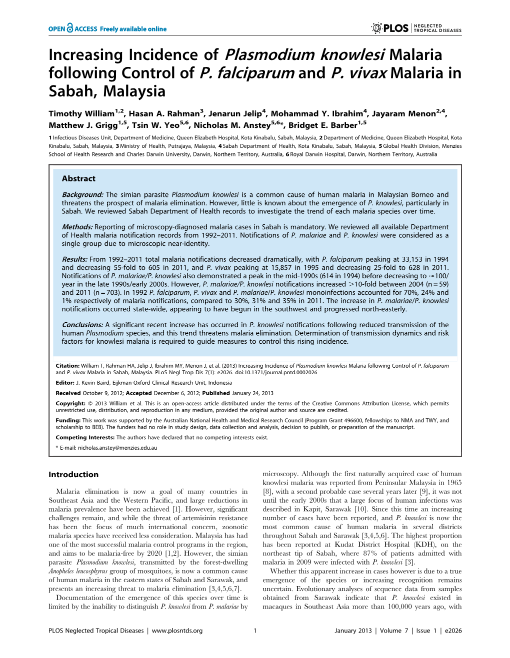 Increasing Incidence of Plasmodium Knowlesi Malaria Following Control of P