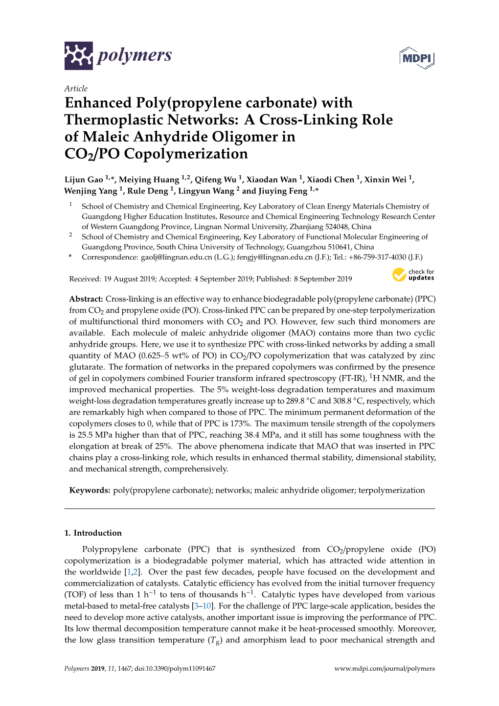 Enhanced Poly(Propylene Carbonate) with Thermoplastic Networks: a Cross-Linking Role of Maleic Anhydride Oligomer in CO2/PO Copolymerization