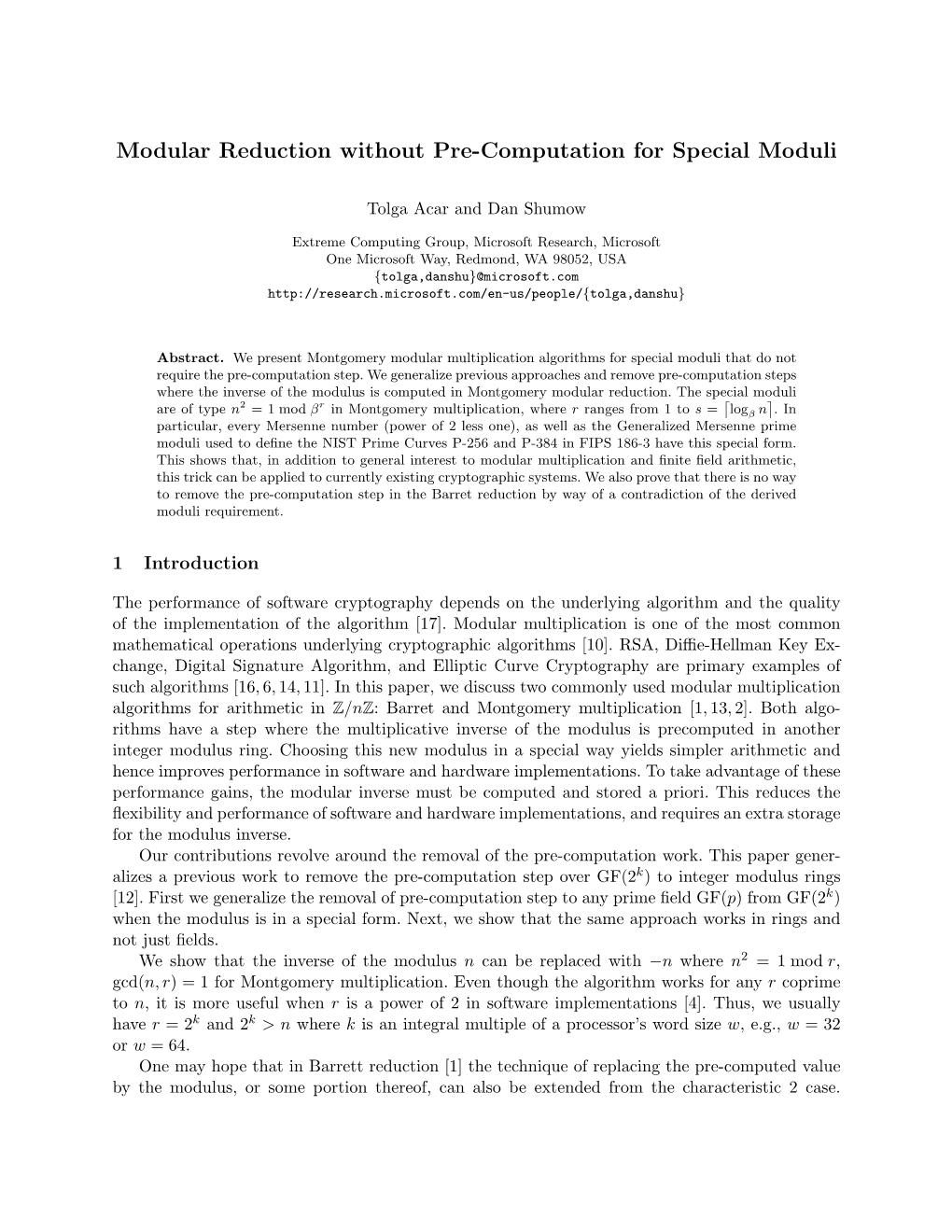 Modular Reduction Without Pre-Computation for Special Moduli