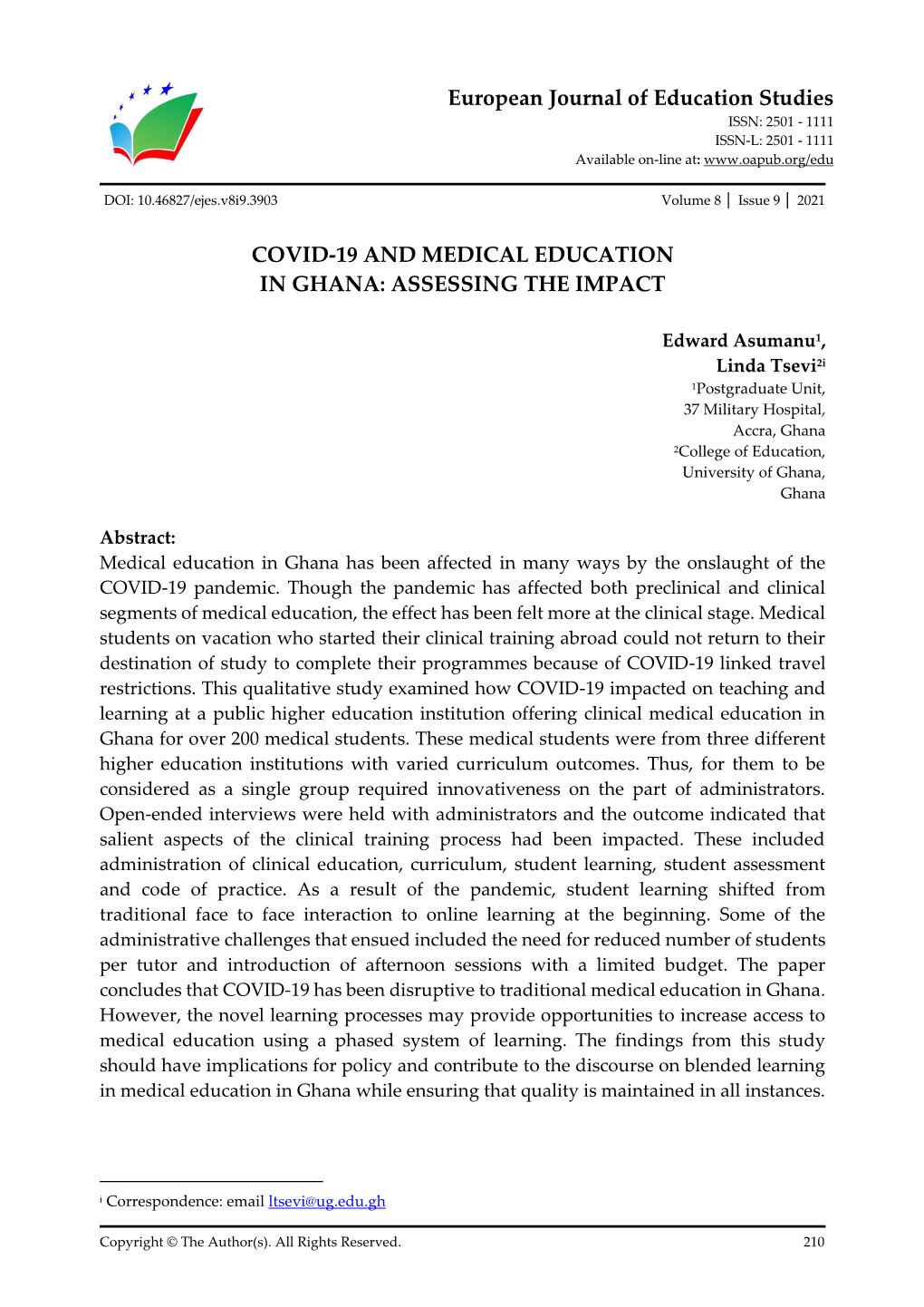 European Journal of Education Studies COVID-19 and MEDICAL