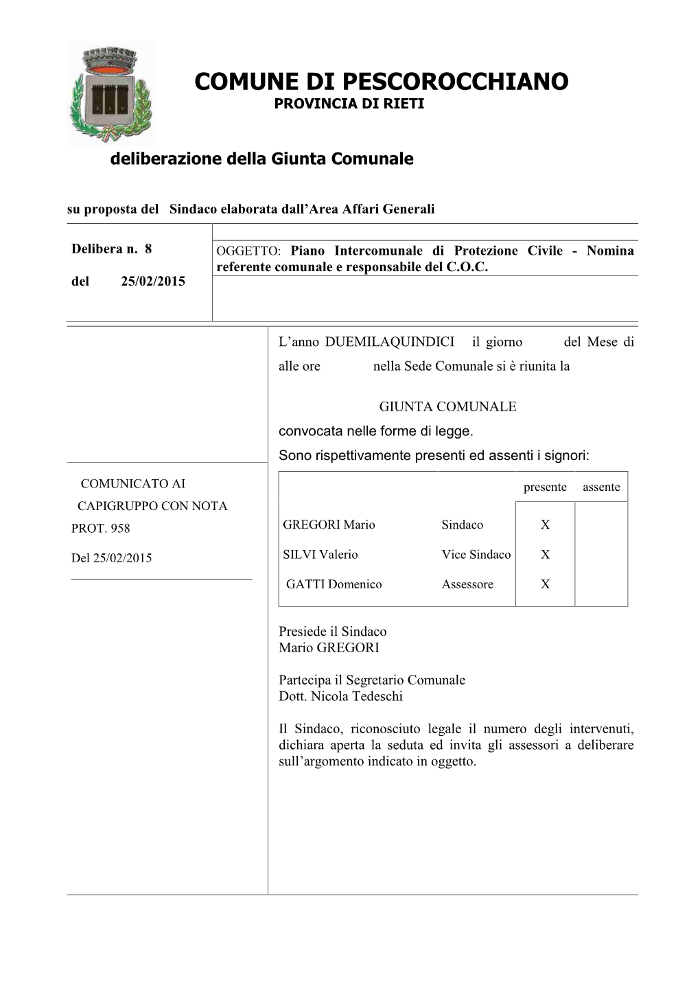 Comune Di Pescorocchiano Provincia Di Rieti