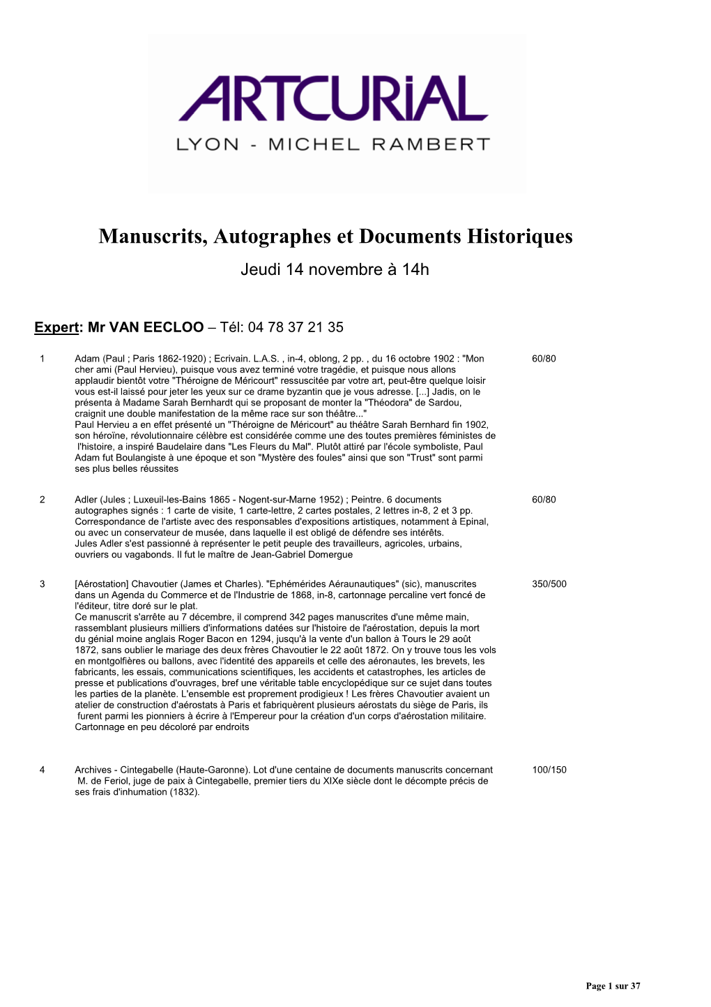 Liste Vente De Manuscrits.Rtf