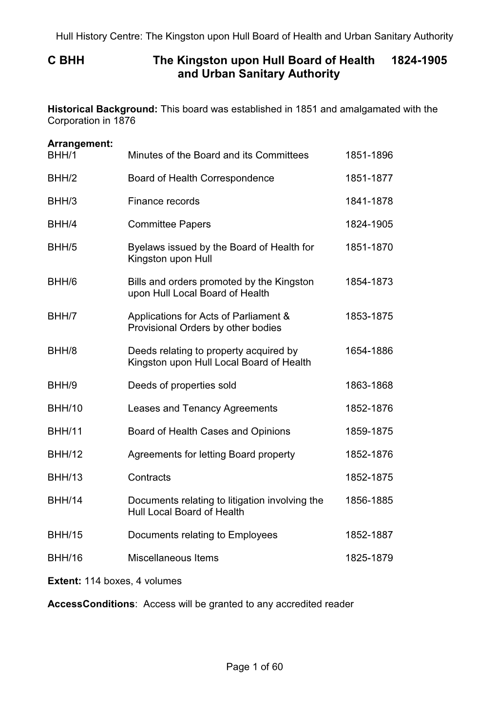 C BHH the Kingston Upon Hull Board of Health 1824-1905 and Urban Sanitary Authority