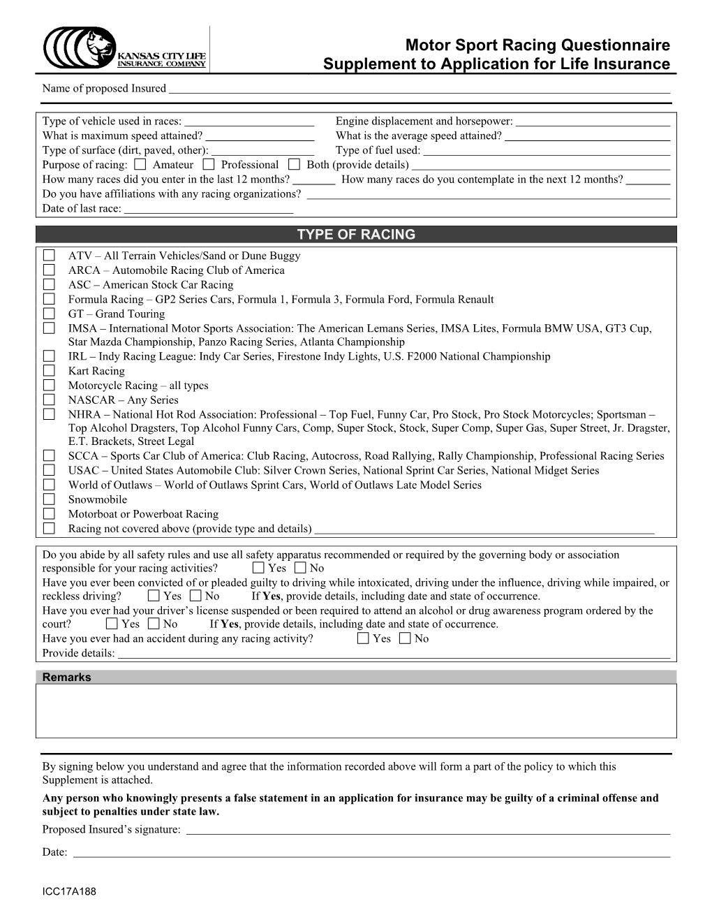 Motor Sport Racing Questionnaire Supplement to Application for Life Insurance