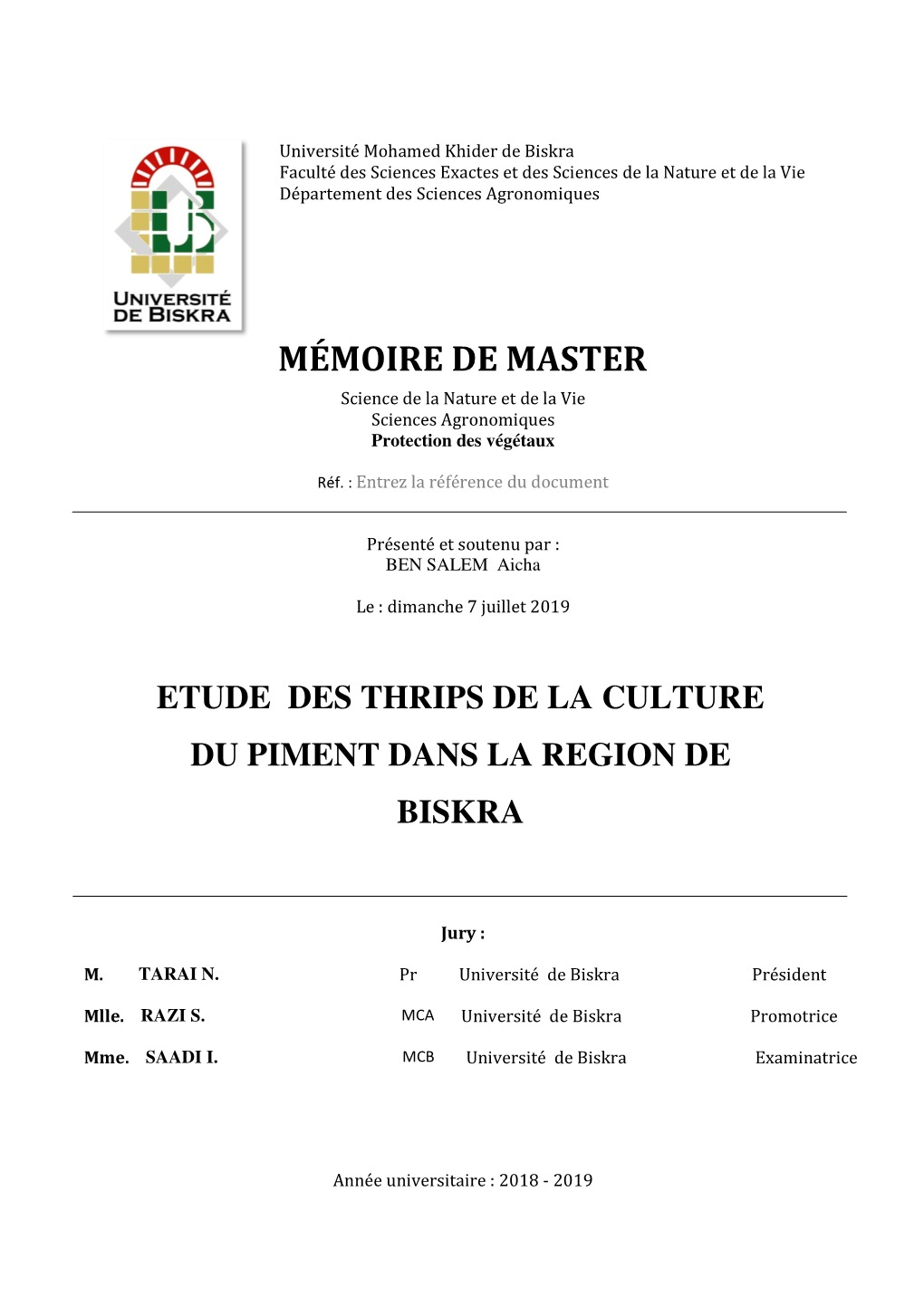 MÉMOIRE DE MASTER Science De La Nature Et De La Vie Sciences Agronomiques Protection Des Végétaux