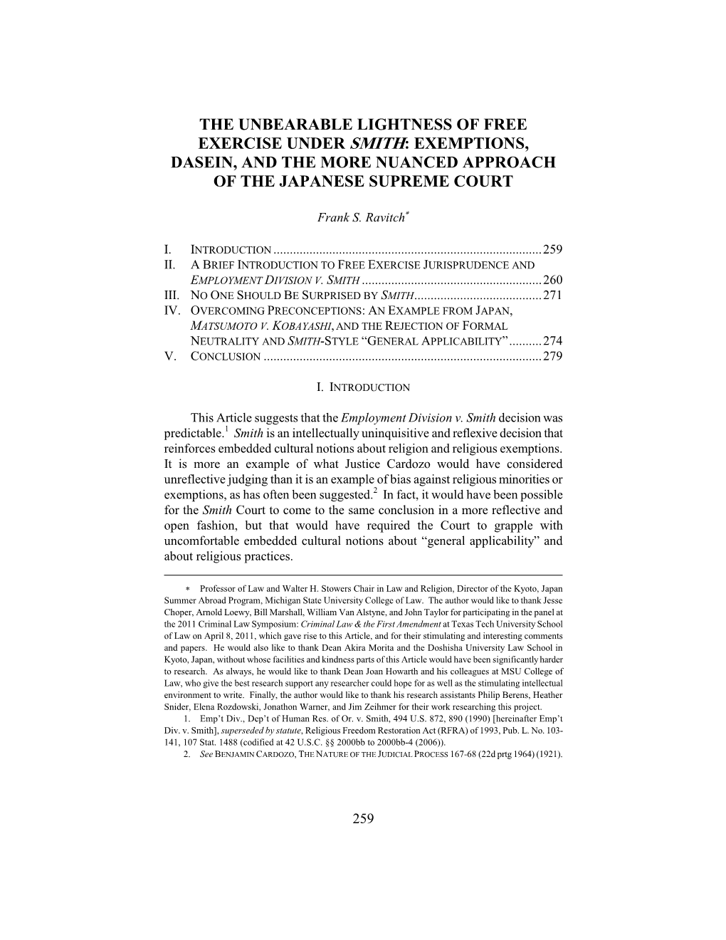 The Unbearable Lightness of Free Exercise Under Smith: Exemptions, Dasein, and the More Nuanced Approach of the Japanese Supreme Court