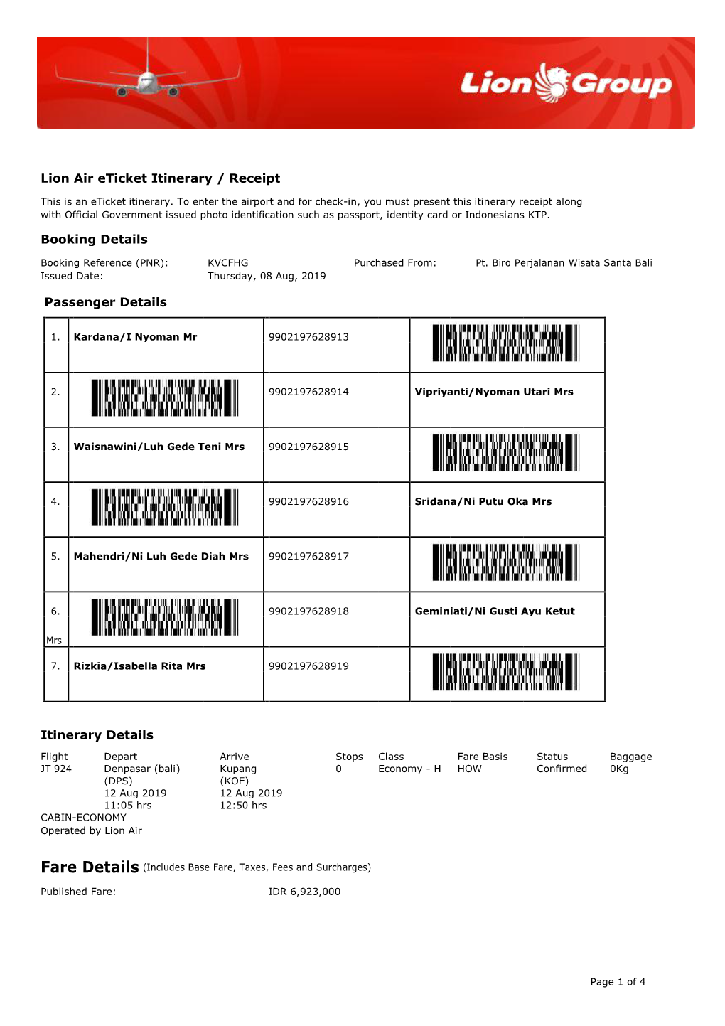 Lion Air Eticket Itinerary / Receipt Booking Details Passenger Details Itinerary Details