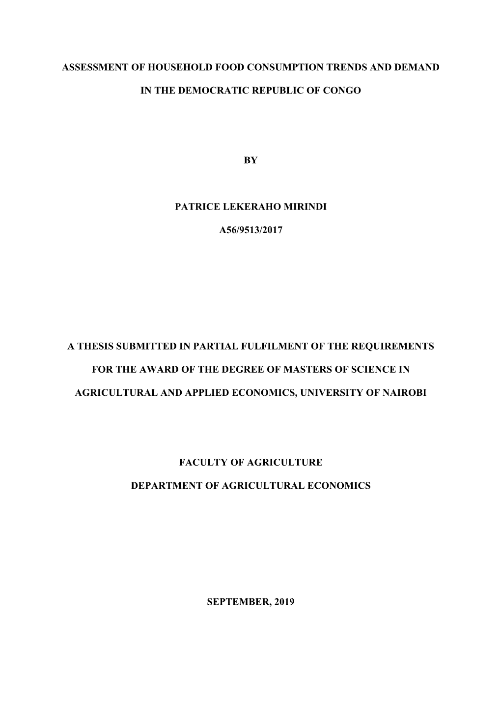 Assessment of Household Food Consumption Trends and Demand