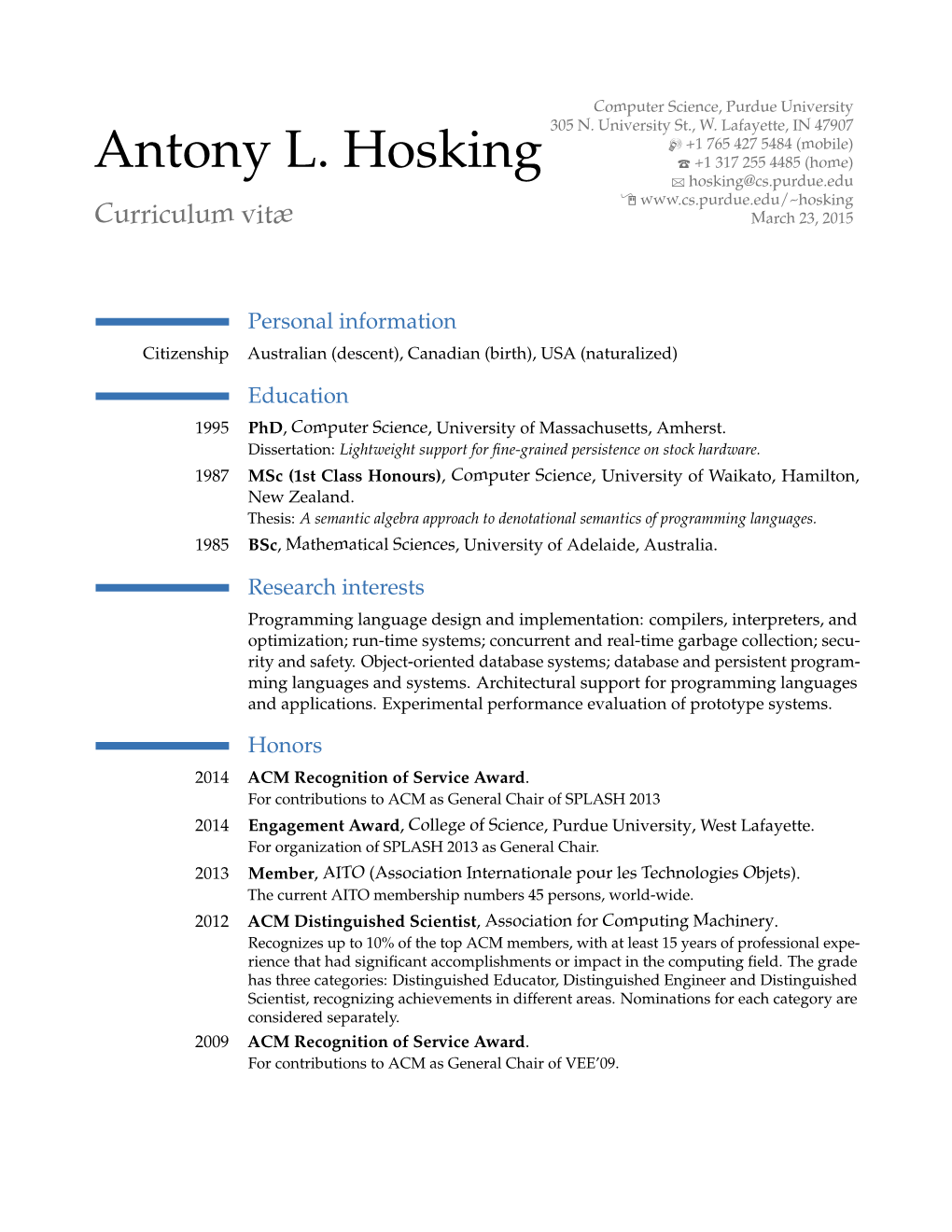 Antony L. Hosking – Curriculum Vitæ