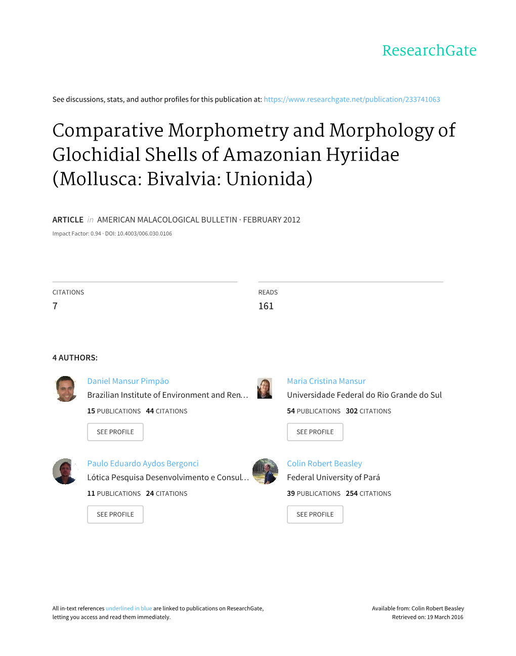 Comparative Morphometry and Morphology of Glochidial Shells of Amazonian Hyriidae (Mollusca: Bivalvia: Unionida)