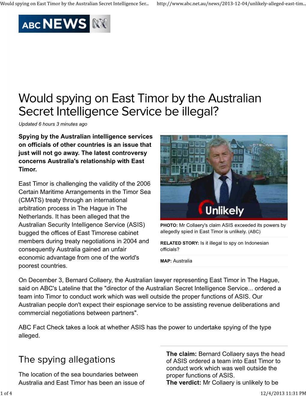 Would Spying on East Timor by the Australian Secret Intelligence Ser