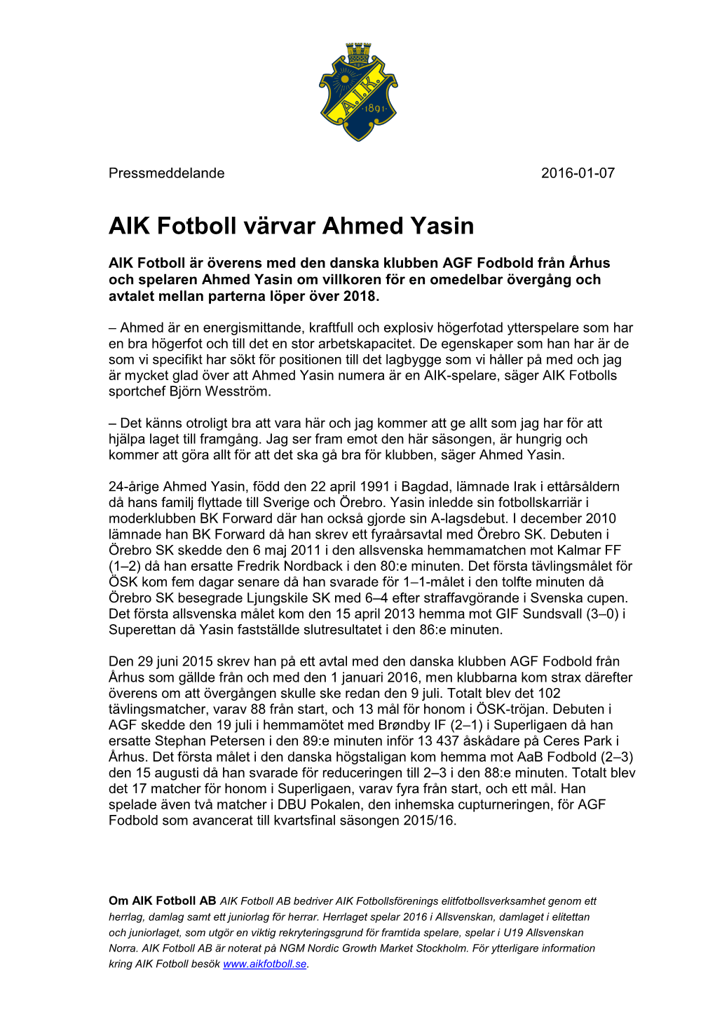 AIK Fotboll Värvar Ahmed Yasin