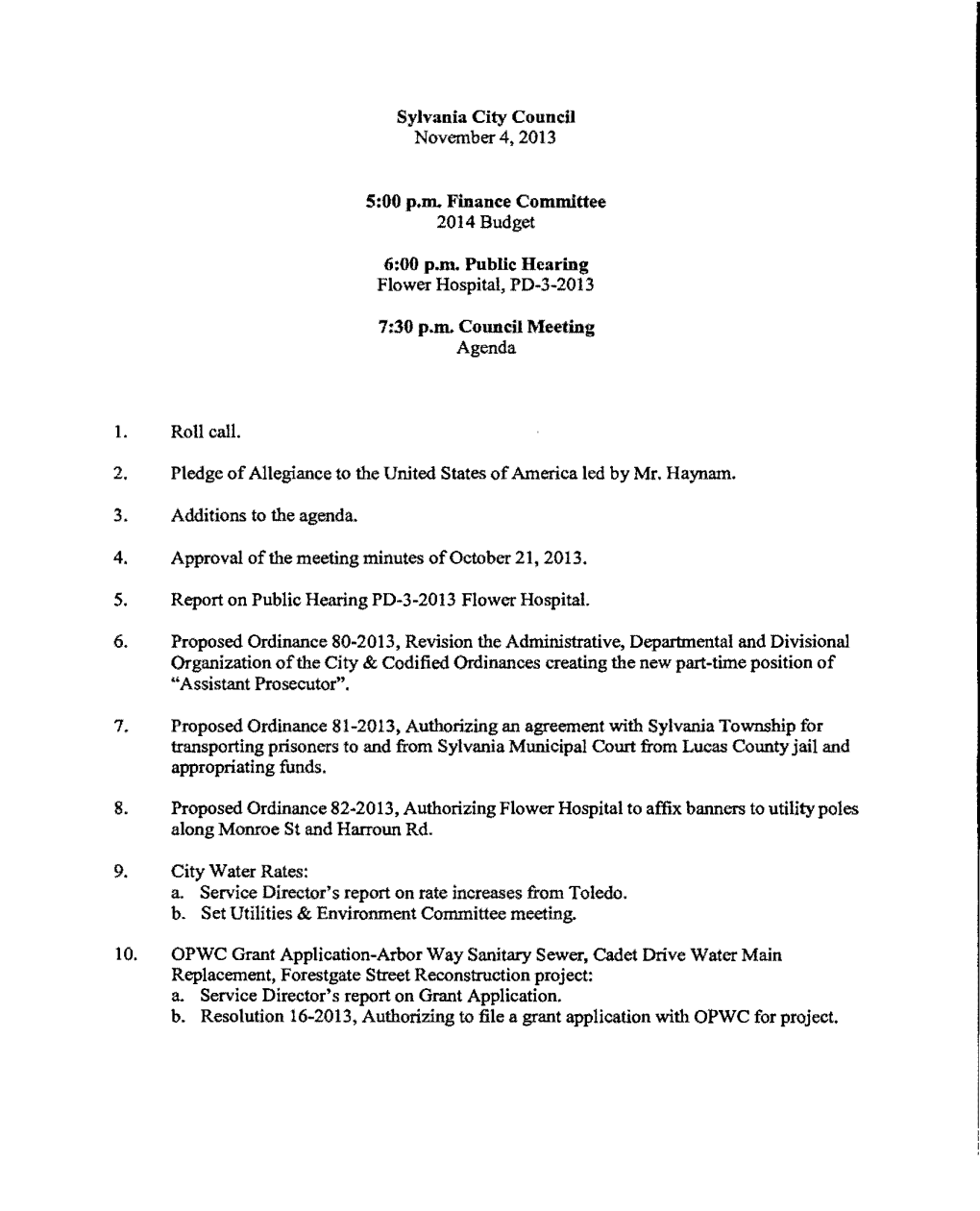 Sylvania City Councd November 4, 2013 5:00 P.Rn. Finance Committee