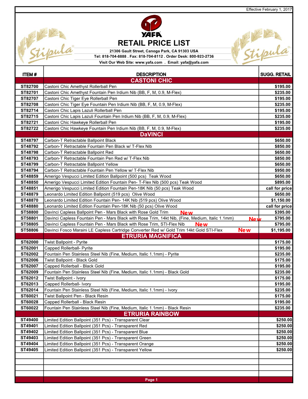 RETAIL PRICE LIST 21306 Gault Street, Canoga Park, CA 91303 USA Tel: 818-704-8888