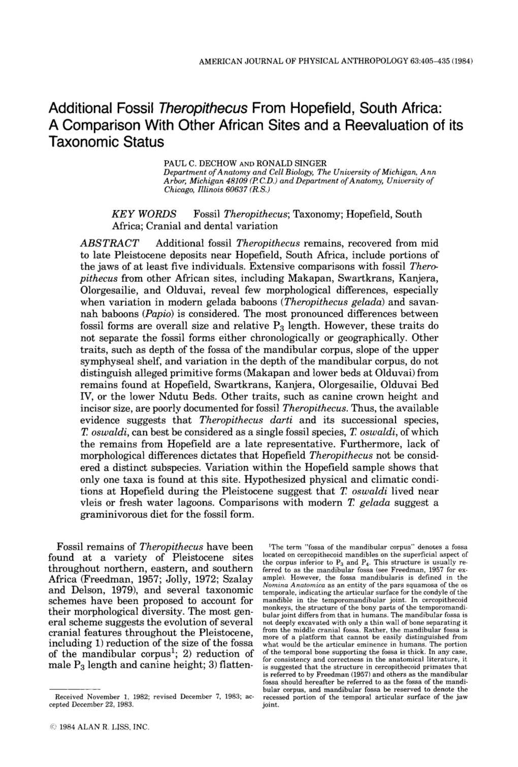 Additional Fossil Theropithecus from Hopefield, South Africa: a Comparison with Other African Sites and a Reevaluation of Its Taxonomic Status