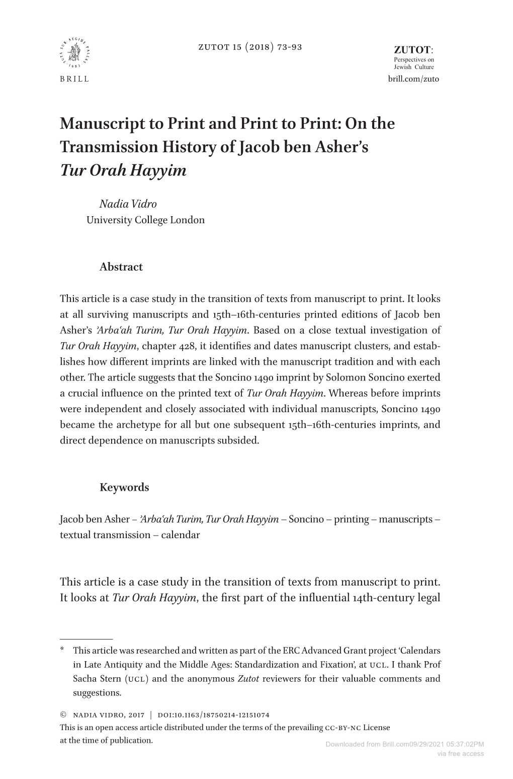 On the Transmission History of Jacob Ben Asher's Tur Orah Hayyim