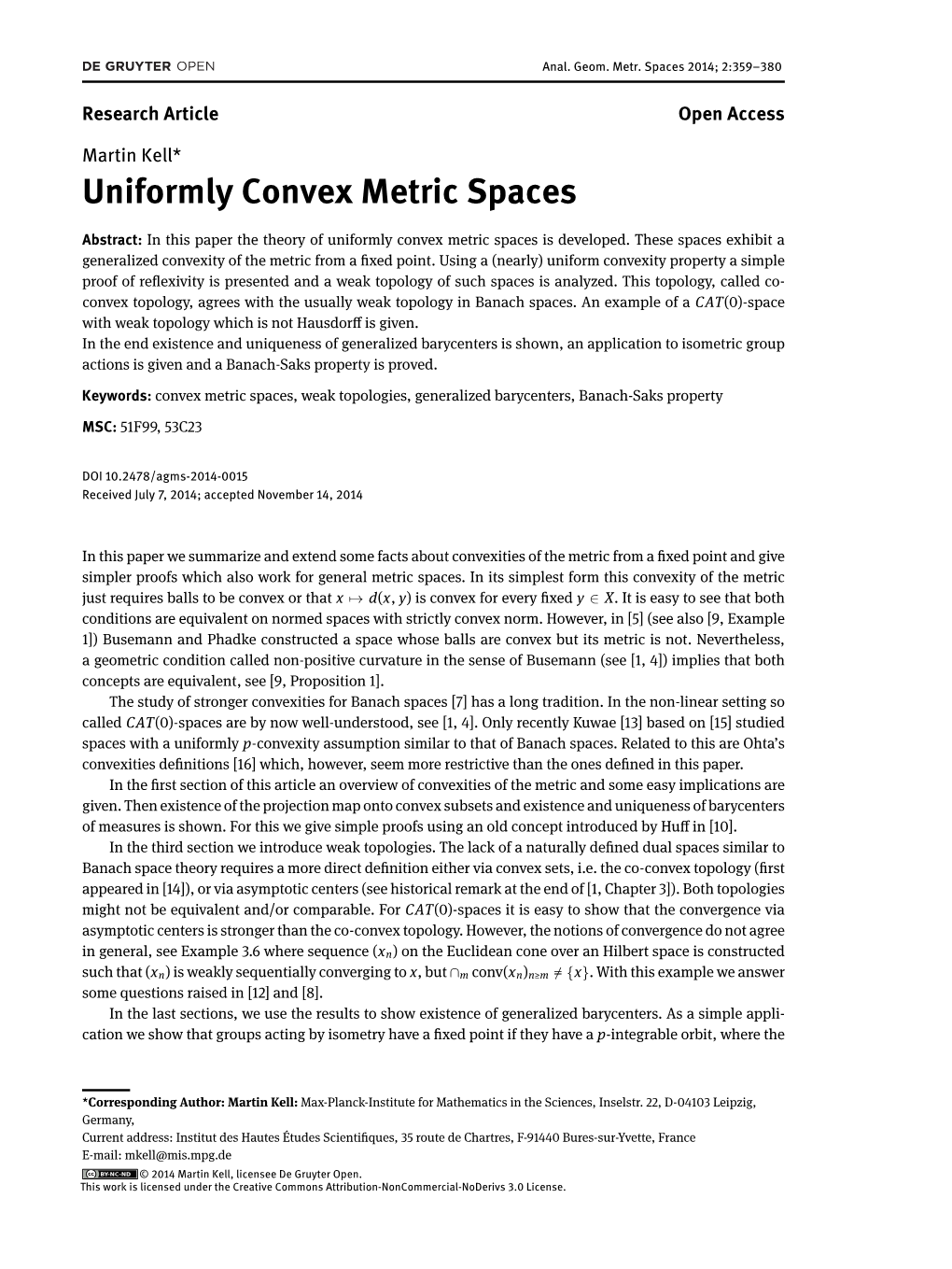 Uniformly Convex Metric Spaces
