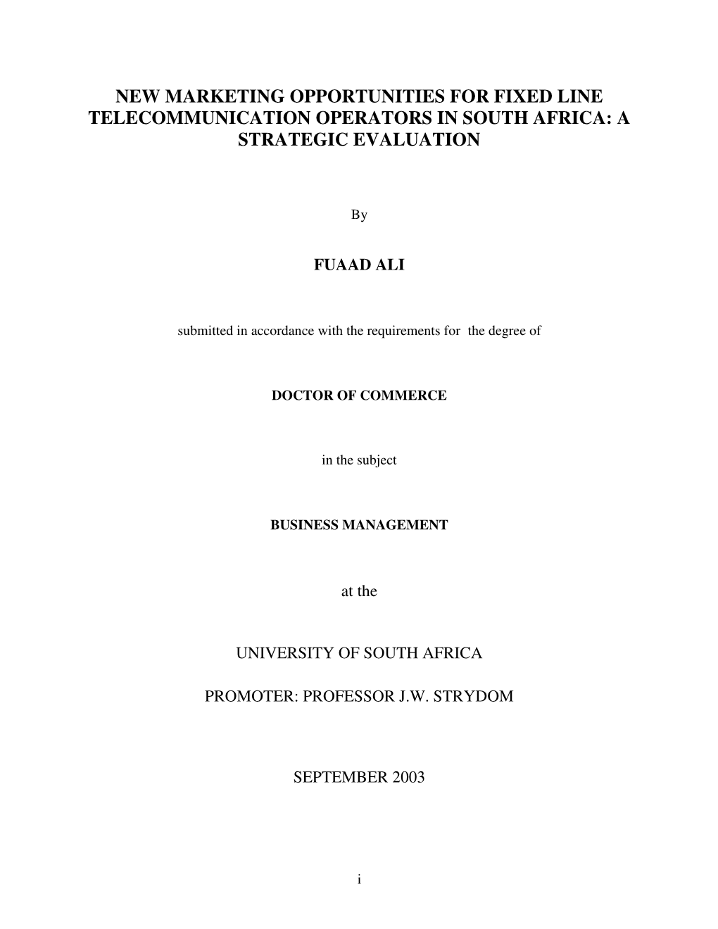 New Marketing Opportunities for Fixed Line Telecommunication Operators in South Africa: a Strategic Evaluation