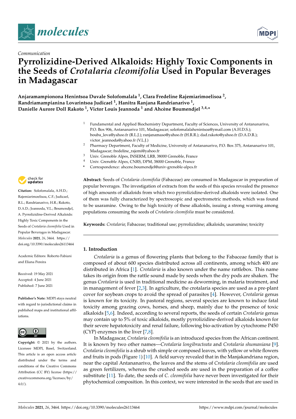 Pyrrolizidine-Derived Alkaloids: Highly Toxic Components in the Seeds of Crotalaria Cleomifolia Used in Popular Beverages in Madagascar