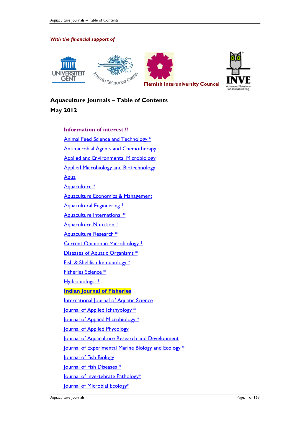 Aquaculture Journals – Table of Contents