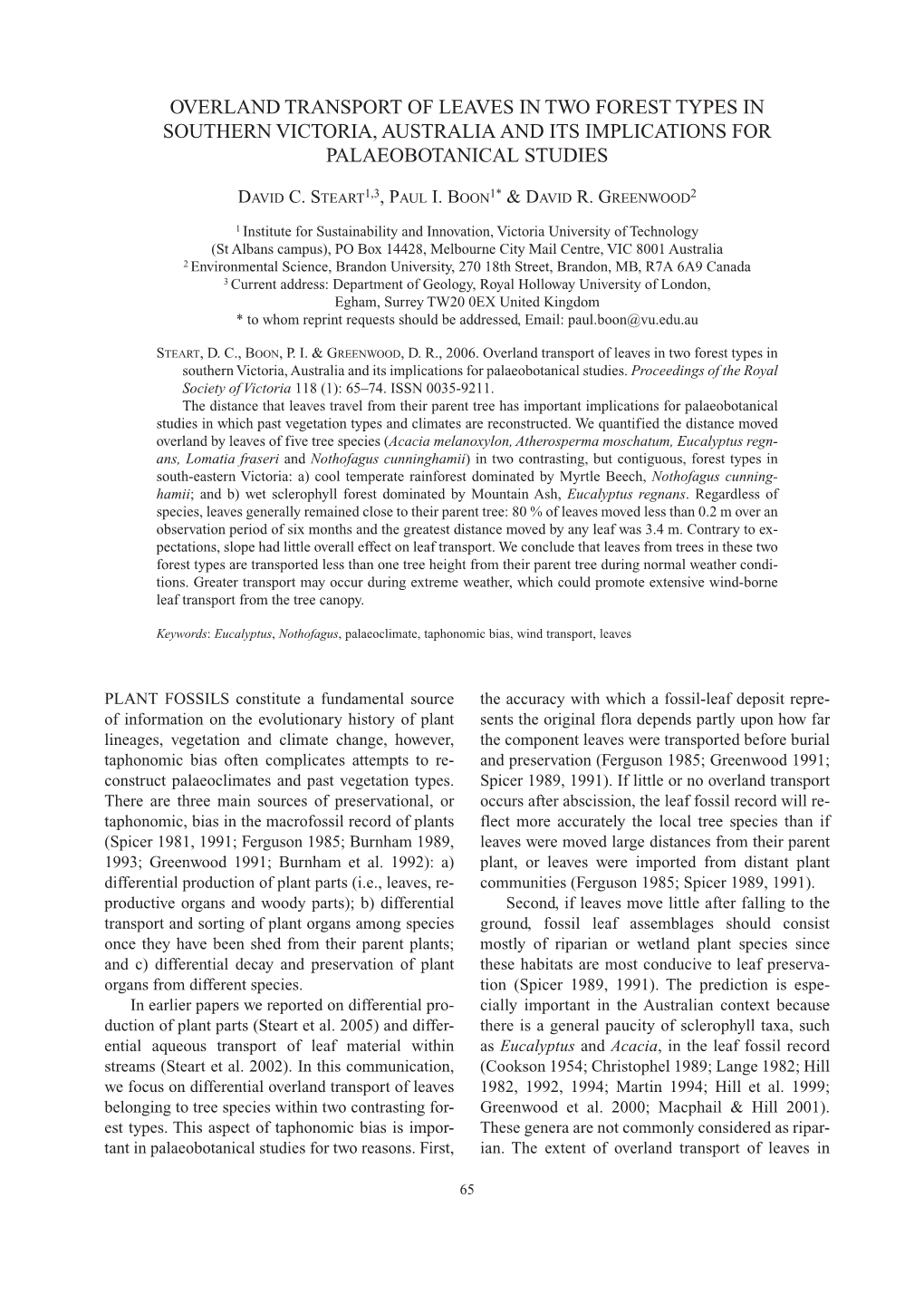 Overland Transport of Leaves in Two Forest Types in Southern Victoria, Australia and Its Implications for Palaeobotanical Studies