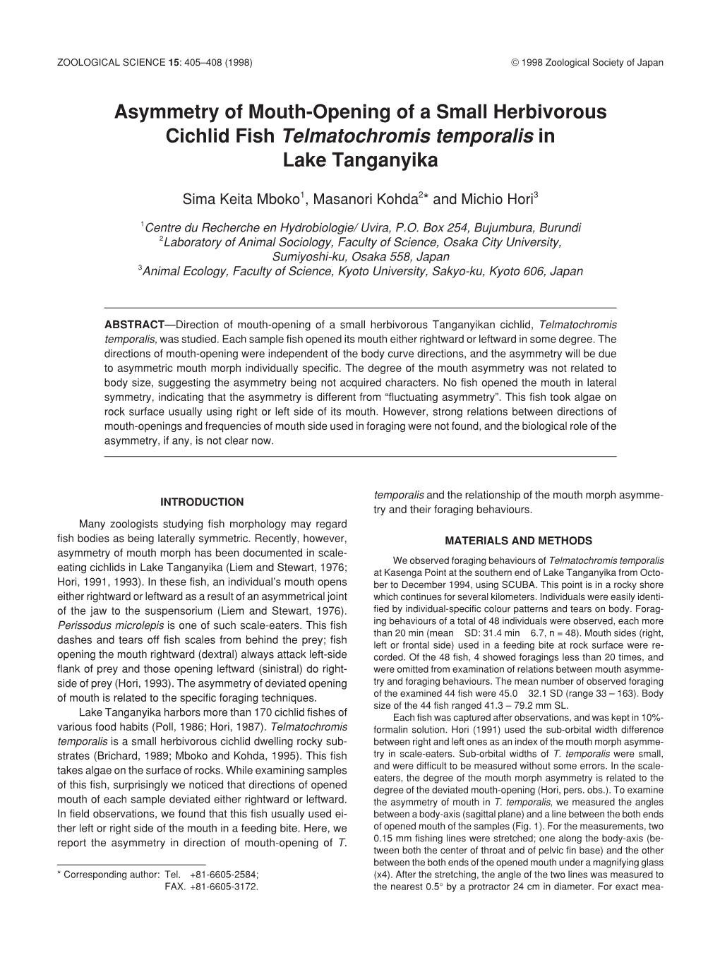 Asymmetry of Mouth-Opening of a Small Herbivorous Cichlid Fish Telmatochromis Temporalis in Lake Tanganyika