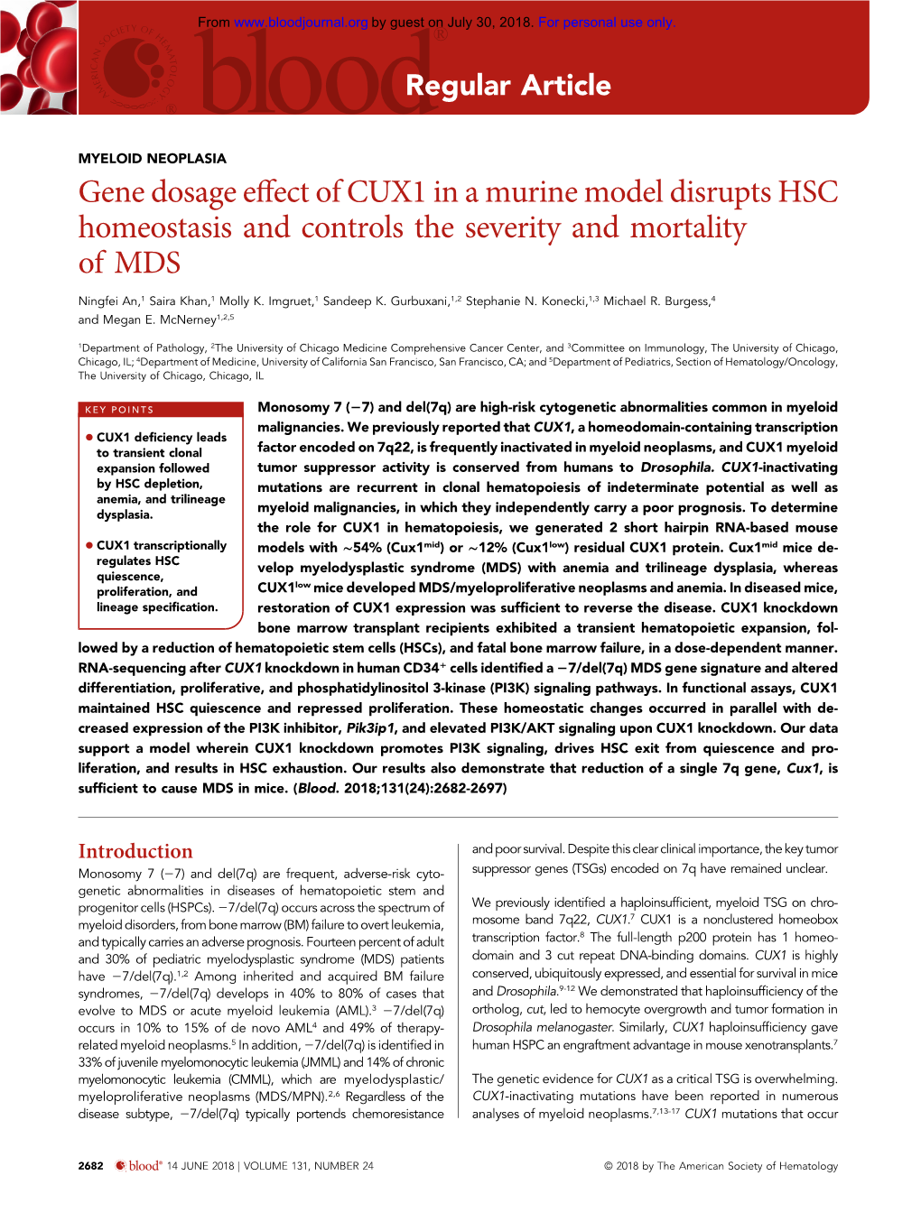 Gene Dosage Effect of CUX1 in a Murine Model Disrupts HSC Homeostasis and Controls the Severity and Mortality of MDS