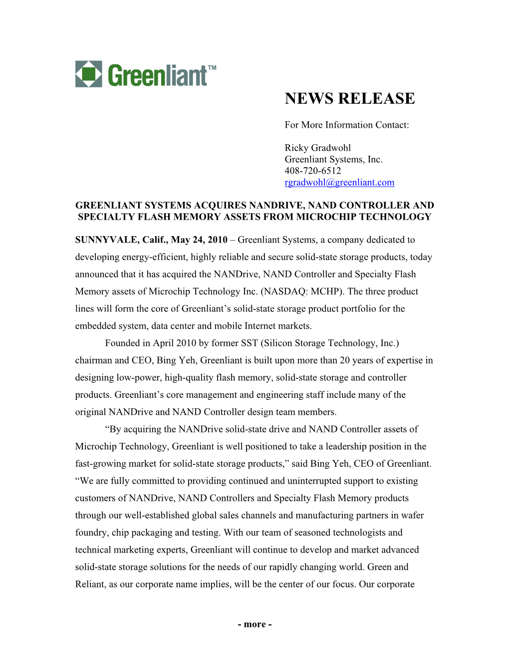 Greenliant Systems Acquires Nandrive, Nand Controller and Specialty Flash Memory Assets from Microchip Technology