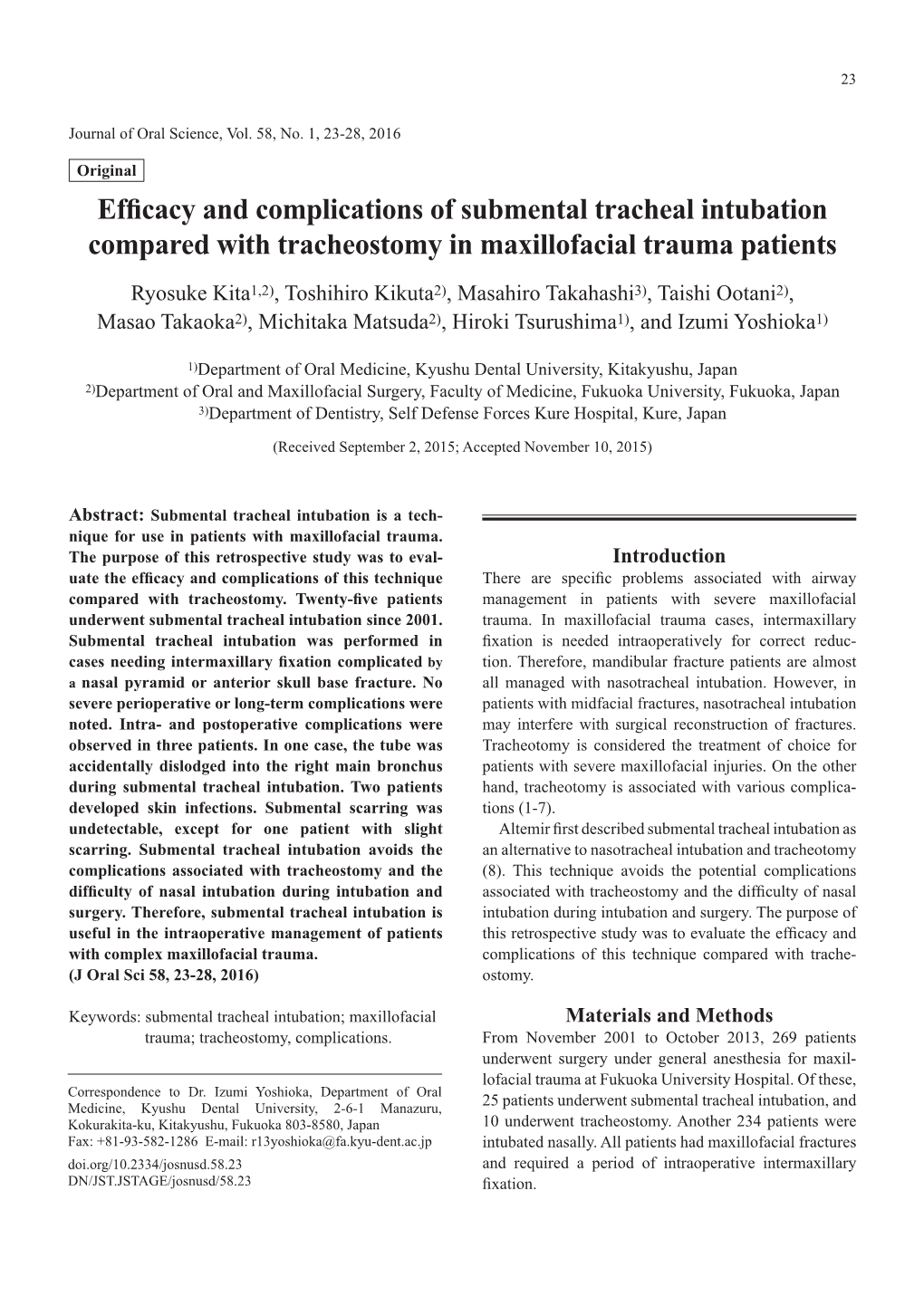 Efficacy and Complications of Submental Tracheal Intubation Compared with Tracheostomy in Maxillofacial Trauma Patients