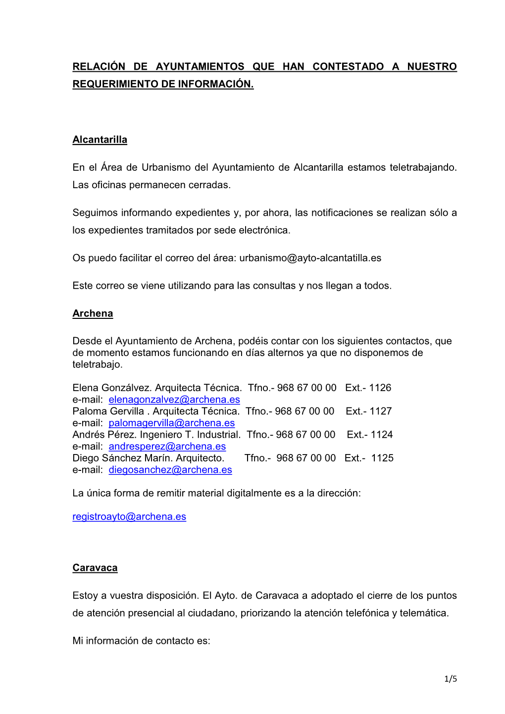 Relación De Ayuntamientos Que Han Contestado a Nuestro Requerimiento De Información