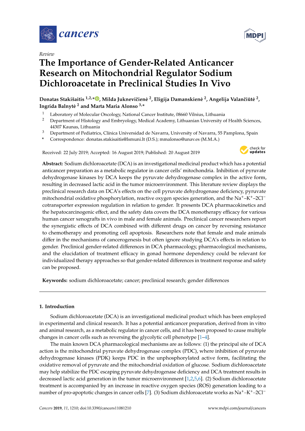 The Importance of Gender-Related Anticancer Research on Mitochondrial Regulator Sodium Dichloroacetate in Preclinical Studies in Vivo