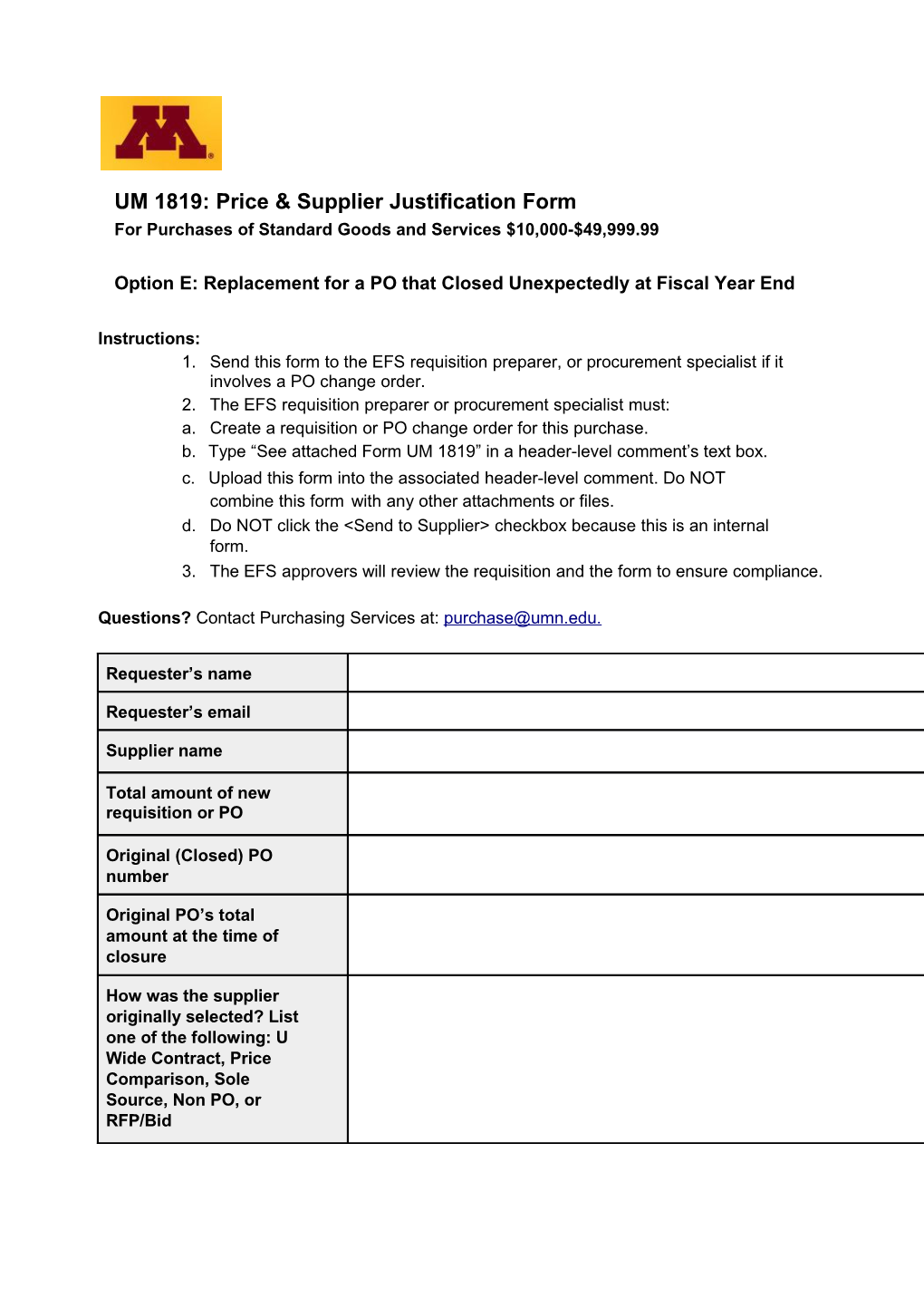 UM 1819: Price Supplier Justification Form