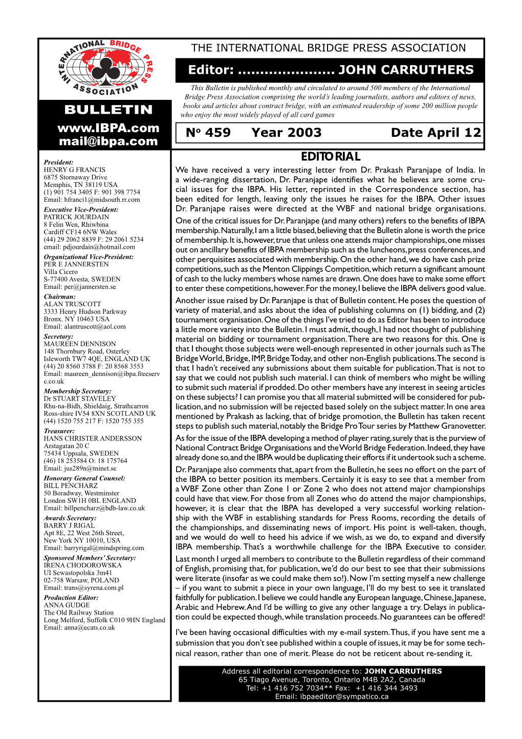 BULLETIN Mail@Ibpa.Com No 459 Year 2003