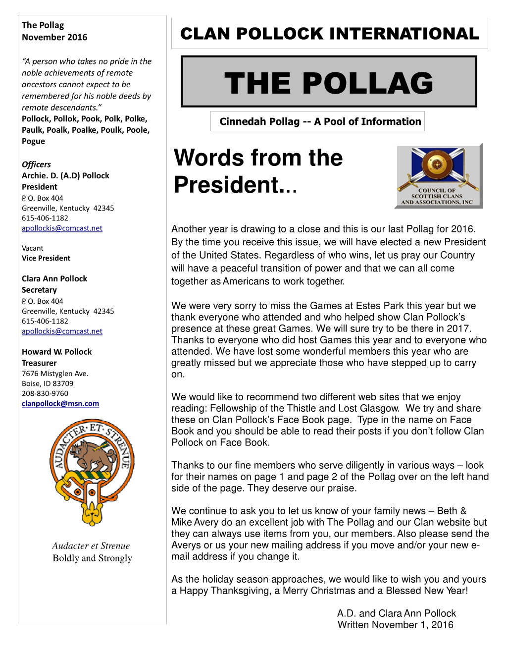 The Pollag November 2016 CLAN POLLOCK INTERNATIONAL