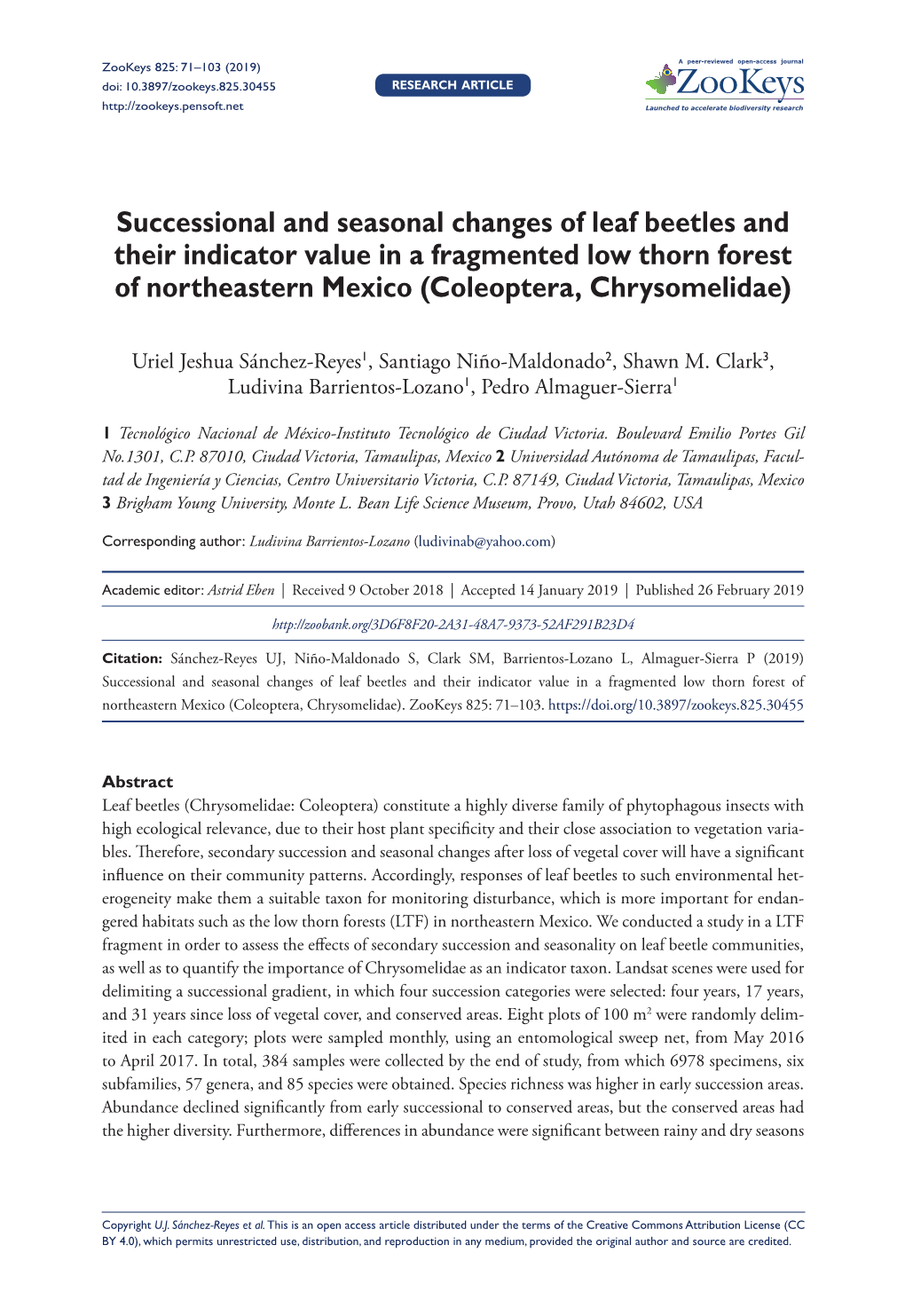 Successional and Seasonal Changes of Leaf Beetles and Their Indicator Value in a Fragmented Low Thorn Forest of Northeastern Mexico (Coleoptera, Chrysomelidae)